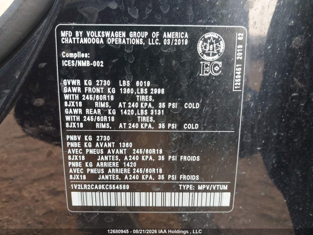 1V2LR2CA9KC554589 Volkswagen Atlas 3.6 Fsi Comfortline