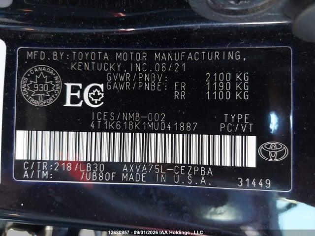 Продажа на аукционе авто 2021 Toyota Camry, vin: 4T1K61BK1MU041887, номер лота: 12680957