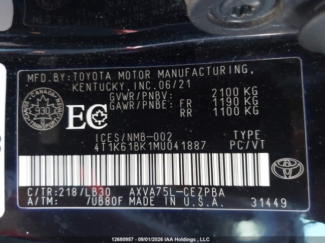 Продажа на аукционе авто 2021 Toyota Camry, vin: 4T1K61BK1MU041887, номер лота: 12680957