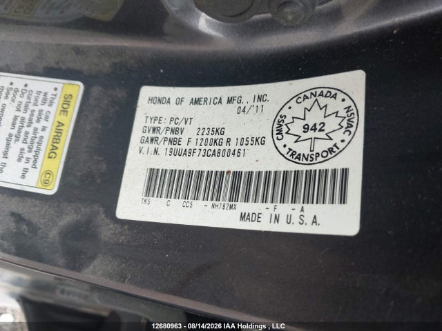 Aukcja sprzedaży 2012 Acura Tl, vin: 19UUA9F73CA800461, numer aukcji: 12680963