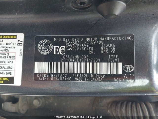 12680972 :رقم المزاد ، 2T1KU40E19C117301 vin ، 2009 Toyota Matrix مزاد بيع