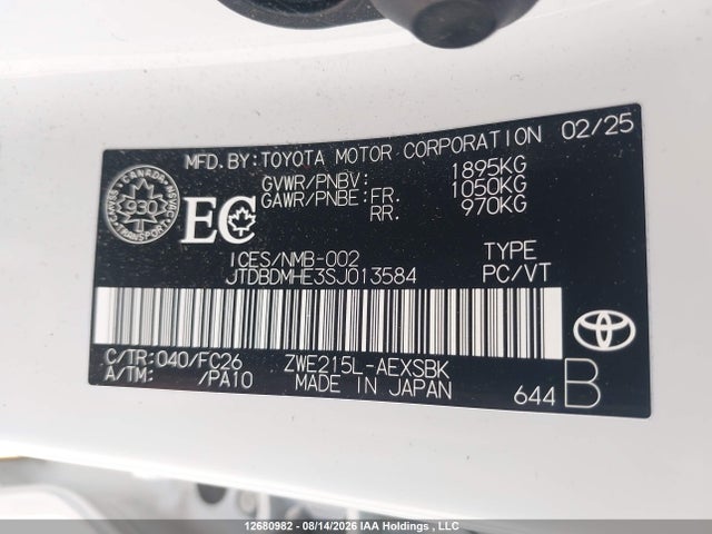 Продаж на аукціоні авто 2025 Toyota Corolla Le/se, vin: JTDBDMHE3SJ013584, номер лоту: 12680982