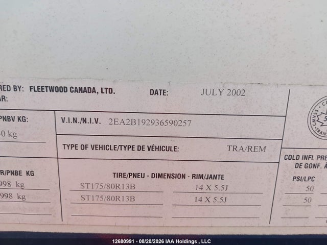 2003 Trailer Terry 719b მანქანა იყიდება აუქციონზე, vin: 2EA2B192936590257, აუქციონის ნომერი: 12680991