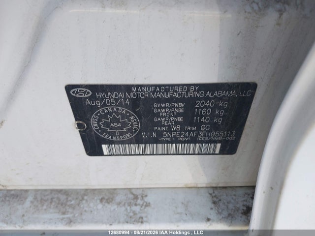 2015 Hyundai Sonata მანქანა იყიდება აუქციონზე, vin: 5NPE24AF3FH055113, აუქციონის ნომერი: 12680994