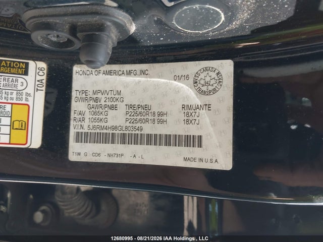 Honda Cr-v Touring 2016 5J6RM4H98GL803549 Image 18