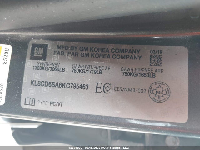 Aukcja sprzedaży 2019 Chevrolet Spark, vin: KL8CD6SA6KC795463, numer aukcji: 12681002