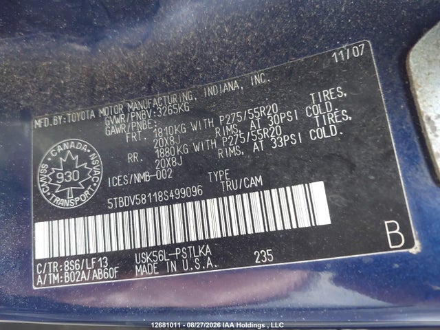 Auction sale of the 2008 Toyota Tundra, vin: 5TBDV58118S499096, lot number: 12681011