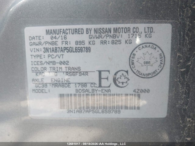 3N1AB7AP5GL659789 Nissan Sentra S/sv/sr/sl