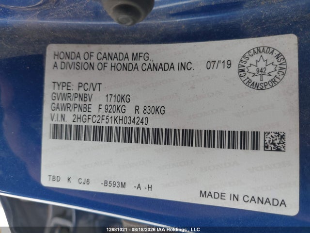 Honda Civic Lx 2019 2HGFC2F51KH034240 Image 19