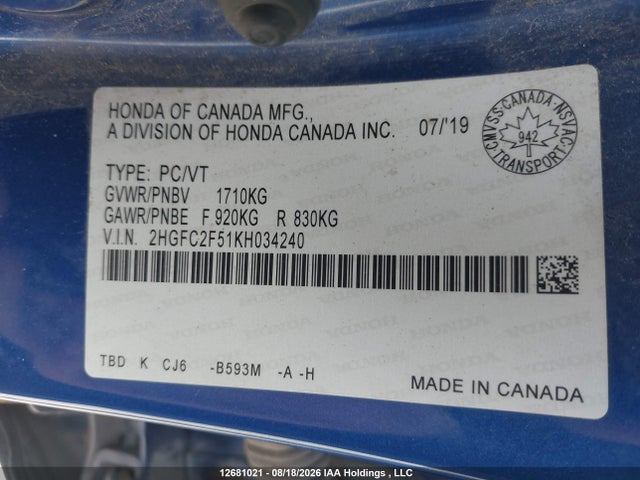 Honda Civic Lx 2019 2HGFC2F51KH034240 Image 9