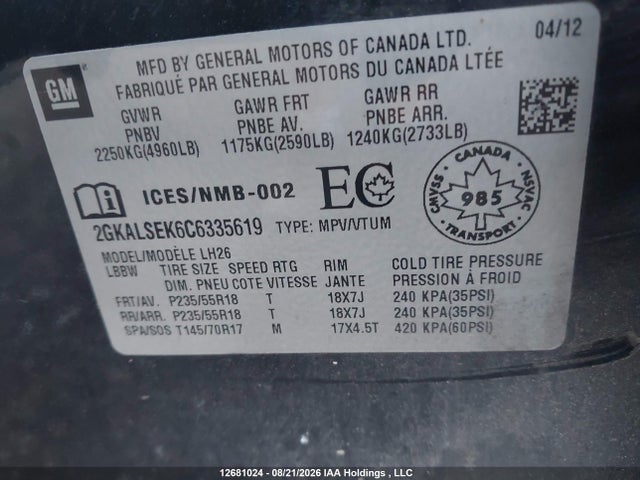 2012 Gmc Terrain Sle მანქანა იყიდება აუქციონზე, vin: 2GKALSEK6C6335619, აუქციონის ნომერი: 12681024