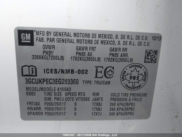 2014 Chevrolet Silverado 1500 1wt/2wt მანქანა იყიდება აუქციონზე, vin: 3GCUKPEC3EG283360, აუქციონის ნომერი: 12681027