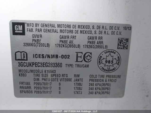 2014 Chevrolet Silverado 1500 1wt/2wt მანქანა იყიდება აუქციონზე, vin: 3GCUKPEC3EG283360, აუქციონის ნომერი: 12681027