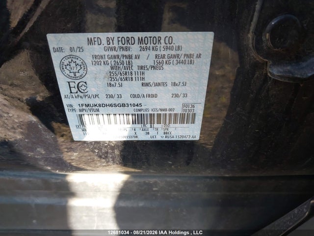 12681034 :رقم المزاد ، 1FMUK8DH6SGB31045 vin ، 2025 Ford Explorer Active مزاد بيع