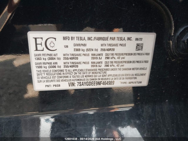 Tesla Model Y 2022 7SAYGDEE9NF464989 Image 18