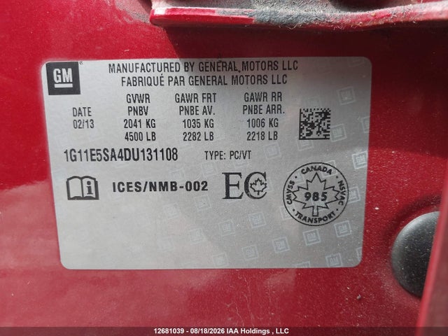 12681039 :رقم المزاد ، 1G11E5SA4DU131108 vin ، 2013 Chevrolet Malibu مزاد بيع