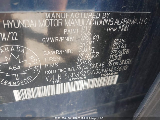 Продажа на аукционе авто 2022 Hyundai Santa Fe Sel, vin: 5NMS2DAJ0NH433620, номер лота: 12681050