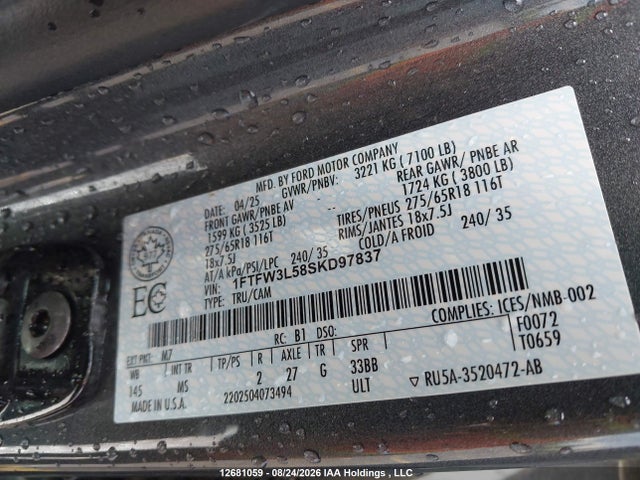 12681059 :رقم المزاد ، 1FTFW3L58SKD97837 vin ، 2025 Ford F150 Xlt مزاد بيع