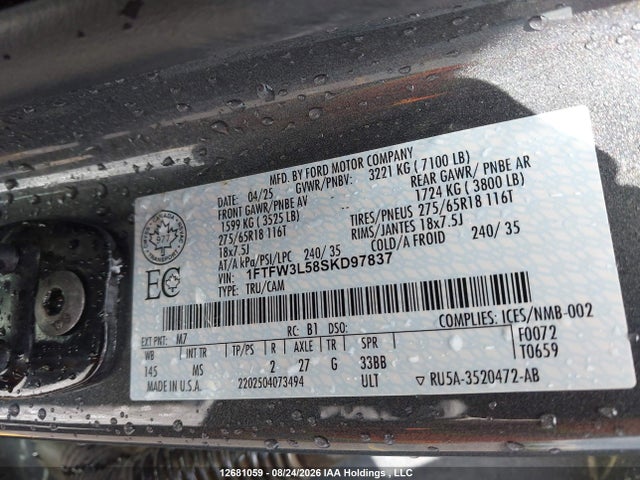 12681059 :رقم المزاد ، 1FTFW3L58SKD97837 vin ، 2025 Ford F150 Xlt مزاد بيع
