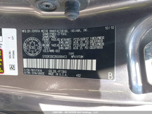 2011 Toyota Sienna მანქანა იყიდება აუქციონზე, vin: 5TDZK3DC2BS090453, აუქციონის ნომერი: 12681060