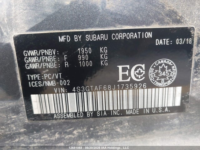 Продажа на аукционе авто 2018 Subaru Impreza Premium Plus, vin: 4S3GTAF68J1735926, номер лота: 12681068