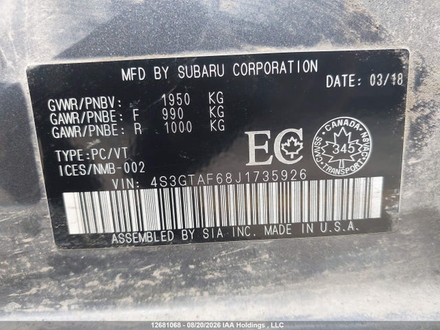 Продажа на аукционе авто 2018 Subaru Impreza Premium Plus, vin: 4S3GTAF68J1735926, номер лота: 12681068