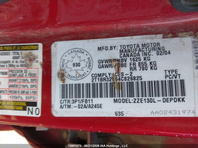 12681070 :رقم المزاد ، 2T1BR32E64C826825 vin ، 2004 Toyota Corolla Ce/le/sport مزاد بيع