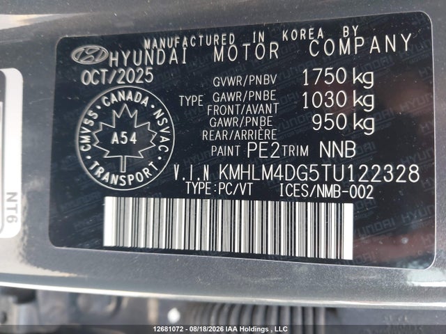12681072 :رقم المزاد ، KMHLM4DG5TU122328 vin ، 2026 Hyundai Elantra Sel Sport مزاد بيع