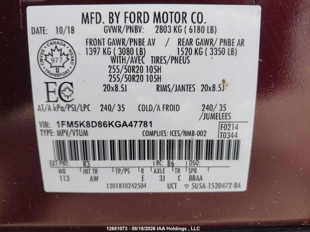 1FM5K8D86KGA47781 Ford EXPLORER XLT