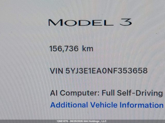 5YJ3E1EA0NF353658 Tesla Model 3 Rwd/standard Range
