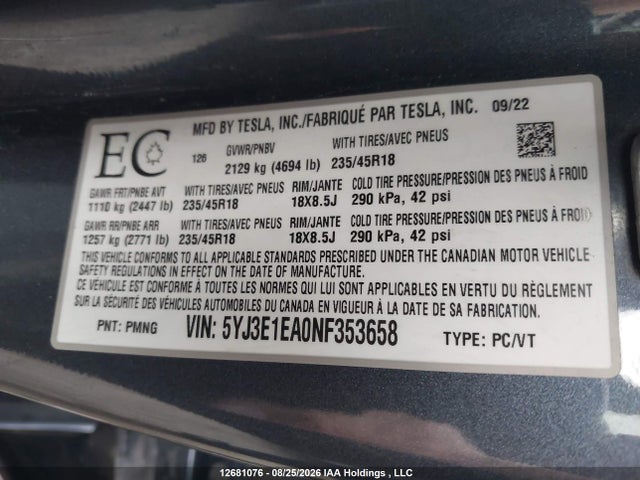 5YJ3E1EA0NF353658 Tesla Model 3 Rwd/standard Range