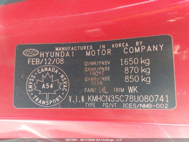 Продаж на аукціоні авто 2008 Hyundai Accent Gl/gl Sport/l, vin: KMHCN35C78U080741, номер лоту: 12672981