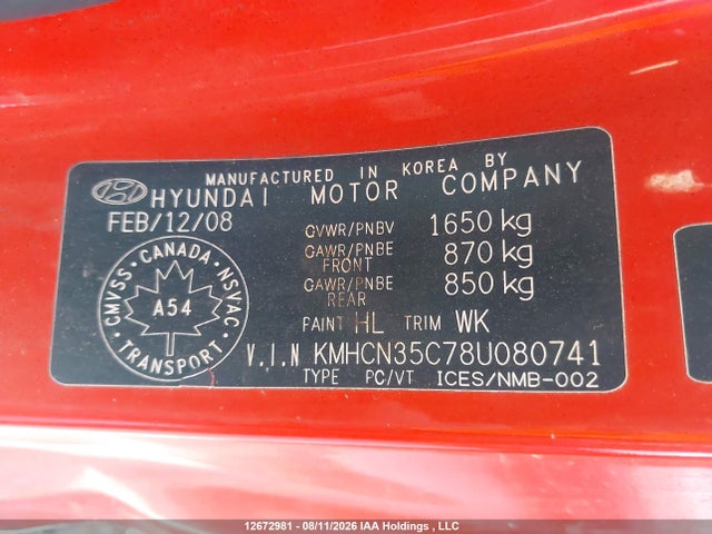 Продаж на аукціоні авто 2008 Hyundai Accent Gl/gl Sport/l, vin: KMHCN35C78U080741, номер лоту: 12672981