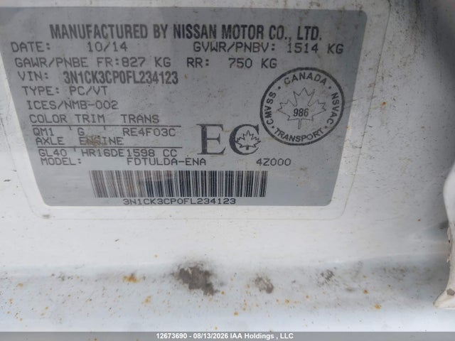 Продаж на аукціоні авто 2015 Nissan Micra S/sr/sv, vin: 3N1CK3CP0FL234123, номер лоту: 12673690