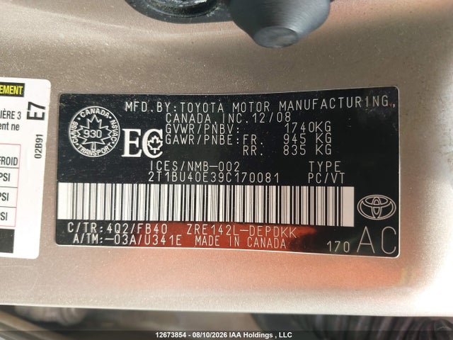 Продаж на аукціоні авто 2009 Toyota Corolla Ce, vin: 2T1BU40E39C170081, номер лоту: 12673854