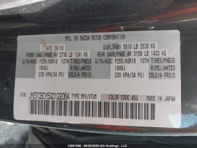 Aukcja sprzedaży 2016 Mazda Cx-9 Touring, vin: JM3TCBCY5G0122064, numer aukcji: 12681096