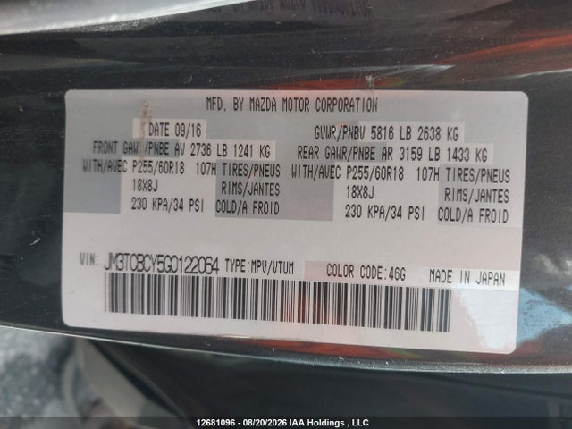 Aukcja sprzedaży 2016 Mazda Cx-9 Touring, vin: JM3TCBCY5G0122064, numer aukcji: 12681096