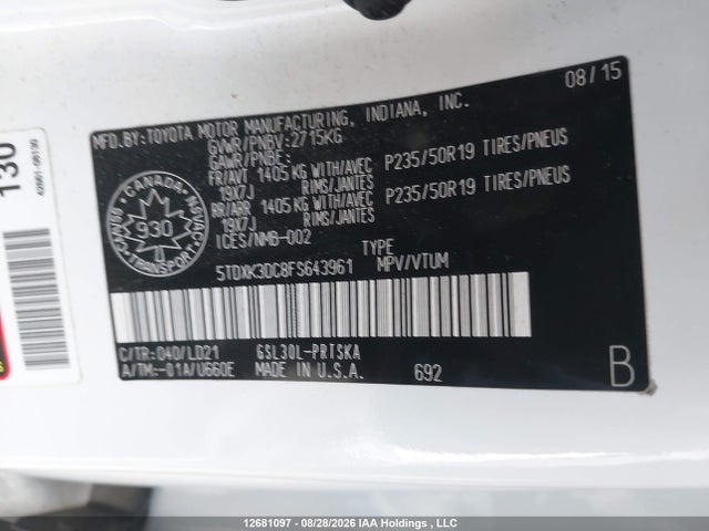 5TDXK3DC8FS643961 Toyota Sienna Se 8 Passenger