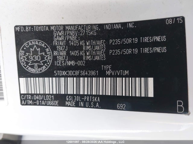 5TDXK3DC8FS643961 Toyota Sienna Se 8 Passenger