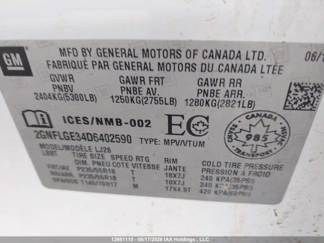 Aukcja sprzedaży 2013 Chevrolet Equinox Ltz, vin: 2GNFLGE34D6402590, numer aukcji: 12681110