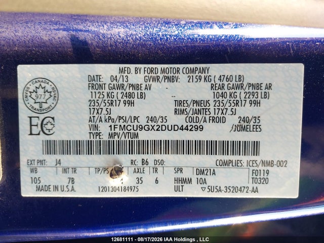 Aukcja sprzedaży 2013 Ford Escape Se, vin: 1FMCU9GX2DUD44299, numer aukcji: 12681111