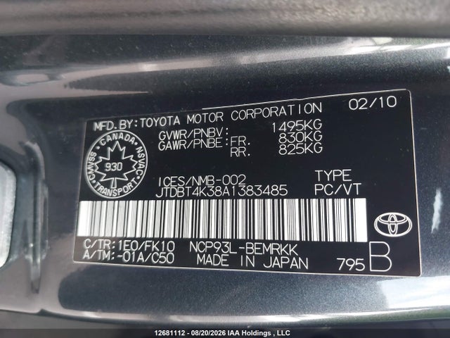 12681112 :رقم المزاد ، JTDBT4K38A1383485 vin ، 2010 Toyota Yaris مزاد بيع