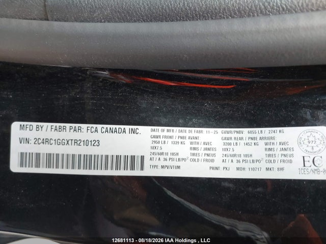 12681113 :رقم المزاد ، 2C4RC1GGXTR210123 vin ، 2026 Chrysler Pacifica Limited مزاد بيع