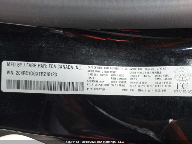 12681113 :رقم المزاد ، 2C4RC1GGXTR210123 vin ، 2026 Chrysler Pacifica Limited مزاد بيع
