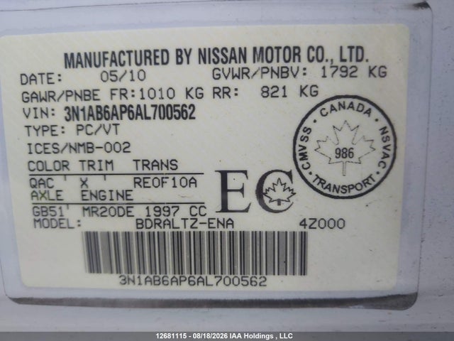 Продаж на аукціоні авто 2010 Nissan Sentra, vin: 3N1AB6AP6AL700562, номер лоту: 12681115