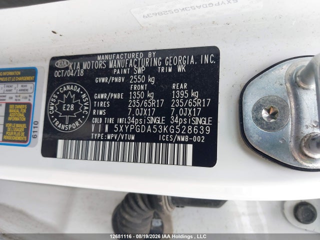 12681116 :رقم المزاد ، 5XYPGDA53KG528639 vin ، 2019 Kia Sorento 2.4l Lx/3.3l Lx مزاد بيع