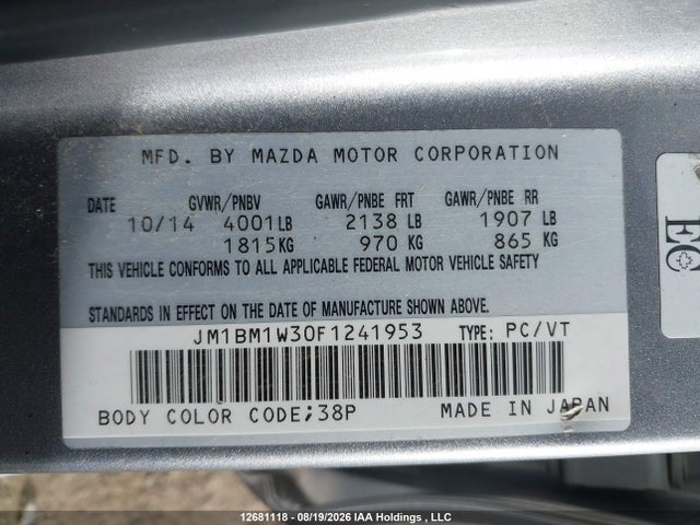 2015 Mazda 3 Grand Touring მანქანა იყიდება აუქციონზე, vin: JM1BM1W30F1241953, აუქციონის ნომერი: 12681118