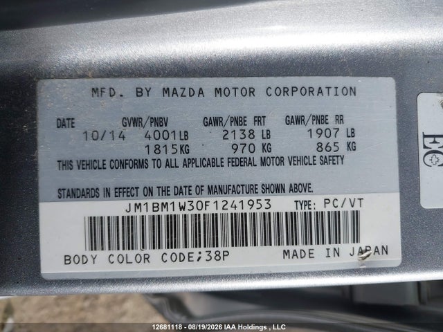 2015 Mazda 3 Grand Touring მანქანა იყიდება აუქციონზე, vin: JM1BM1W30F1241953, აუქციონის ნომერი: 12681118