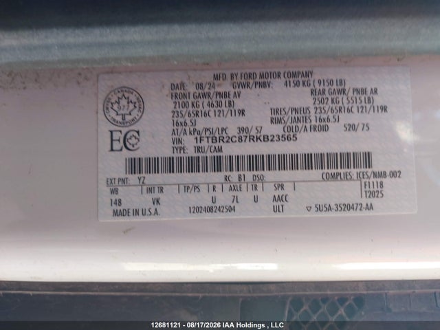 12681121 :رقم المزاد ، 1FTBR2C87RKB23565 vin ، 2024 Ford Transit-250 Cargo مزاد بيع