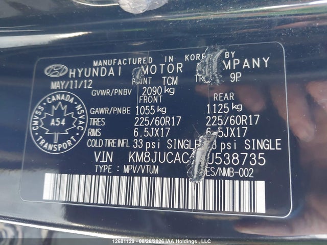 Aukcja sprzedaży 2012 Hyundai Tucson Gls, vin: KM8JUCAC1CU538735, numer aukcji: 12681129